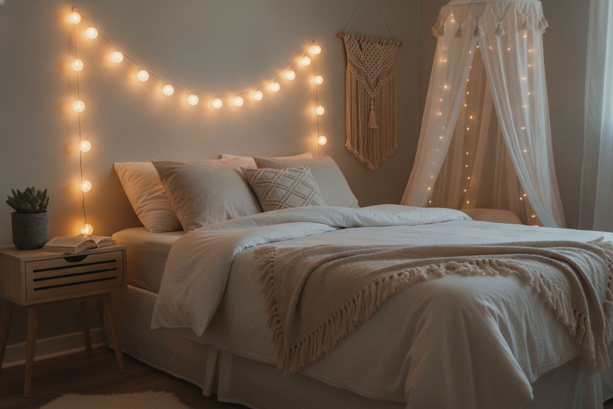 Cozy bedroom string lights decor with warm fairy lights creating a relaxing and inviting atmosphere